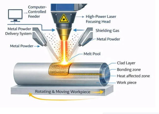 Laser cladding process diagram — computer-controlled feeding, high-power laser focusing head, shielding gas, metal powder feed, melt pool, cladding layer